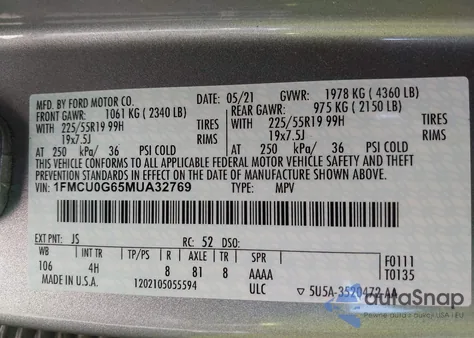 2021 Ford Escape Se z USA, uszkodzony, nr VIN 1FMCU0G65MUA32769